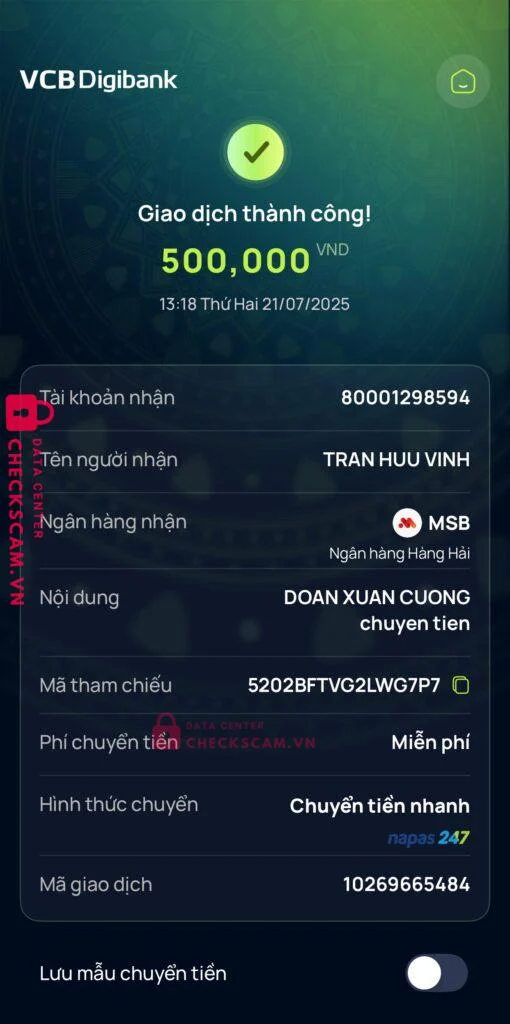 80001298594 TRAN HUU VINH MSB bị cảnh báo lừa đảo scam