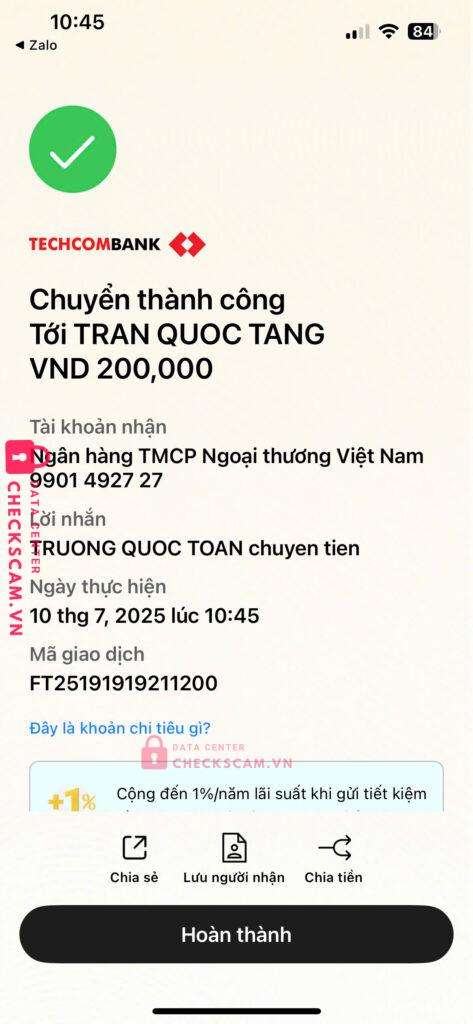 9901492727 TRAN QUOC TANG Vietcombank bị cảnh báo lừa đảo scam