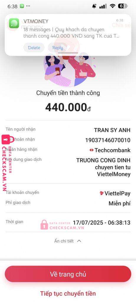 19037146070010 TRAN SY ANH Techcombank bị cảnh báo lừa đảo scam