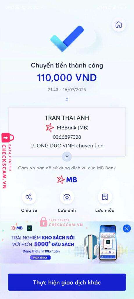 0366897328 TRAN THAI ANH MB BANK bị cảnh báo lừa đảo scam