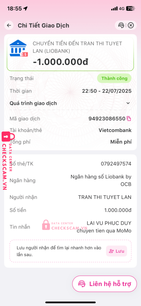0792497574 TRAN THI TUYET LAN liobank bị cảnh báo lừa đảo scam