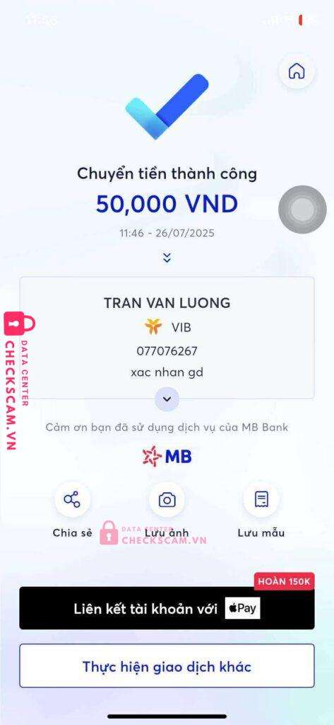 0372784355 TRAN VAN LUONG MB BANK bị cảnh báo lừa đảo scam