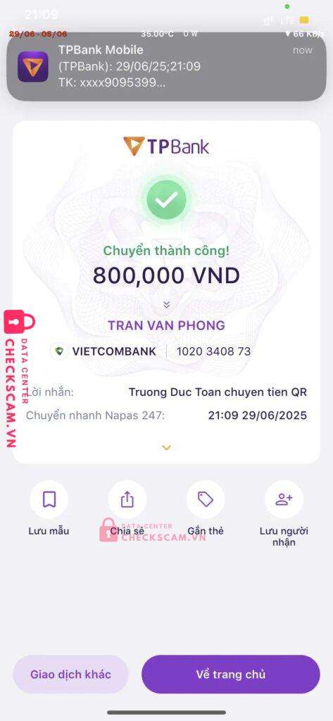 1020340873 TRAN VAN PHONG vietcombank bị cảnh báo lừa đảo scam