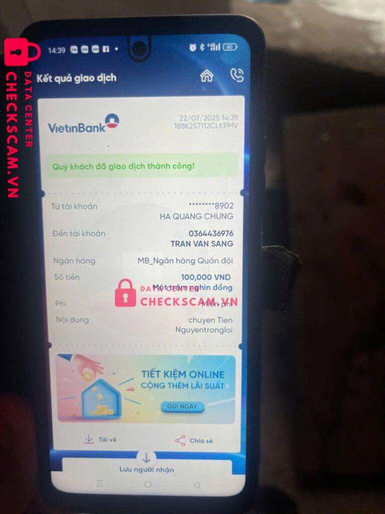 0364436976 TRAN VAN SANG MB BANK bị cảnh báo lừa đảo scam