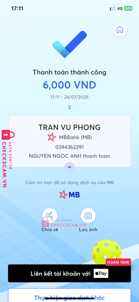 0394362291 TRAN VU PHONG MB Bank bị cảnh báo lừa đảo scam