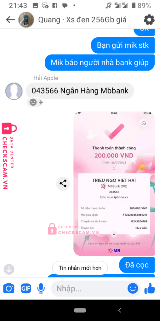 043566 TRIEU NGO VIET HAI MB bị cảnh báo lừa đảo scam