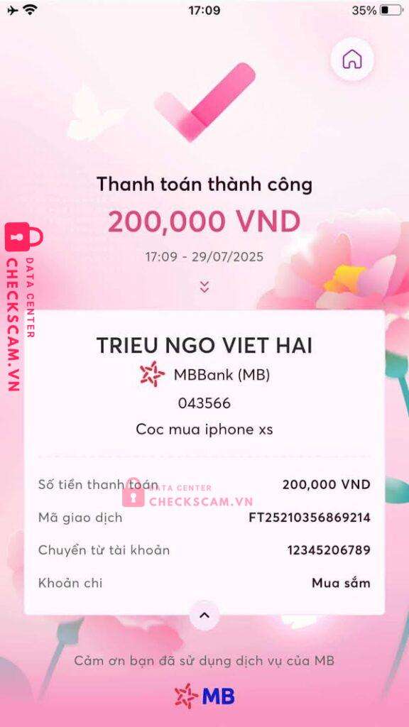 043566 TRIEU NGO VIET HAI MB bị cảnh báo lừa đảo scam