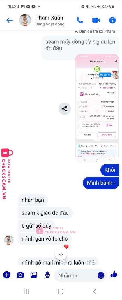 1234568888866 TRINH NGOC SON MB bị cảnh báo lừa đảo scam