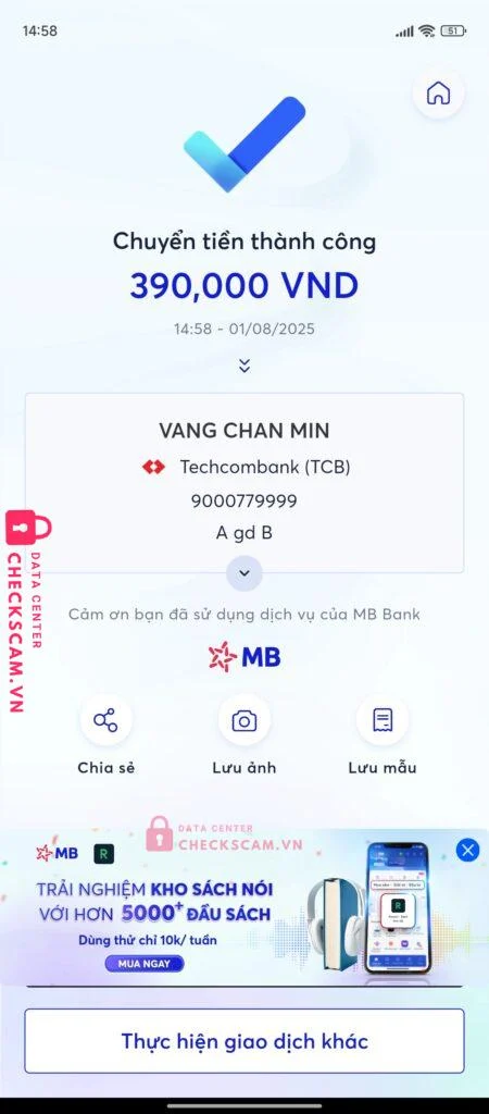 9000779999 VANG CHAN MIN Techcombank bị cảnh báo lừa đảo scam