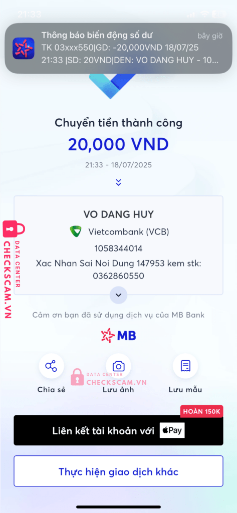 1058344014 VO DANG HUY Vietcombank bị cảnh báo lừa đảo scam