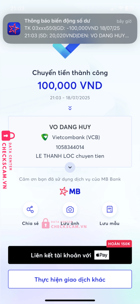 1058344014 VO DANG HUY Vietcombank bị cảnh báo lừa đảo scam