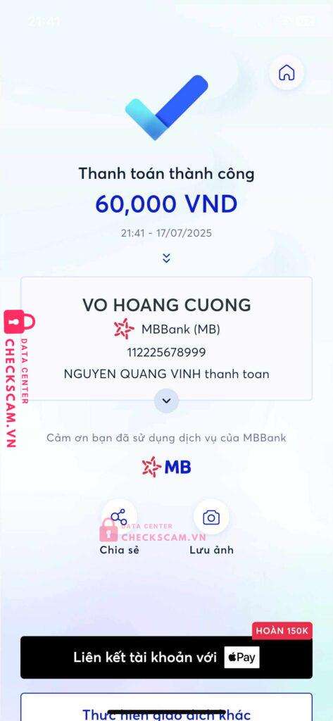 112225678999 VO HOANG CUONG MB BANK bị cảnh báo lừa đảo scam