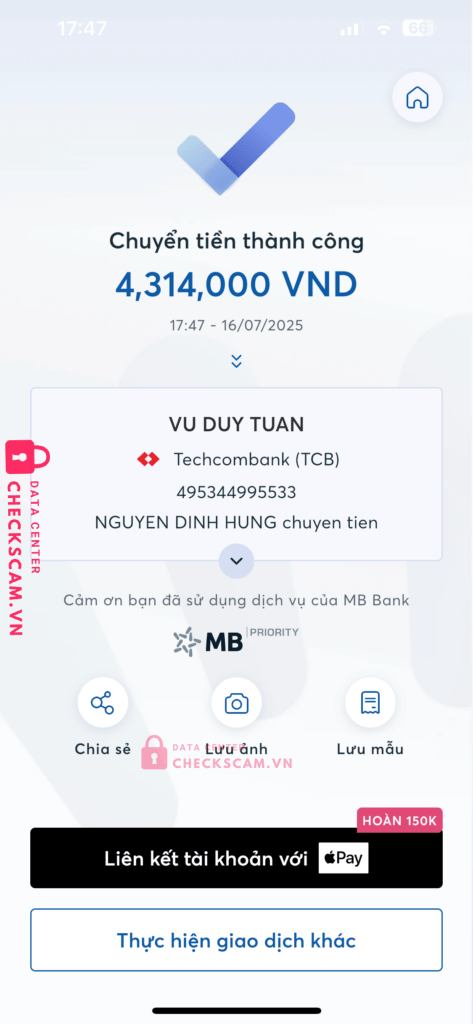 495344995533 VU DUY TUAN Techcombank bị cảnh báo lừa đảo scam