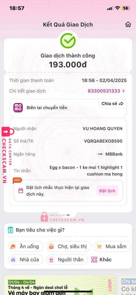 852357935799 VU HOANG QUYEN mb bank bị cảnh báo lừa đảo scam