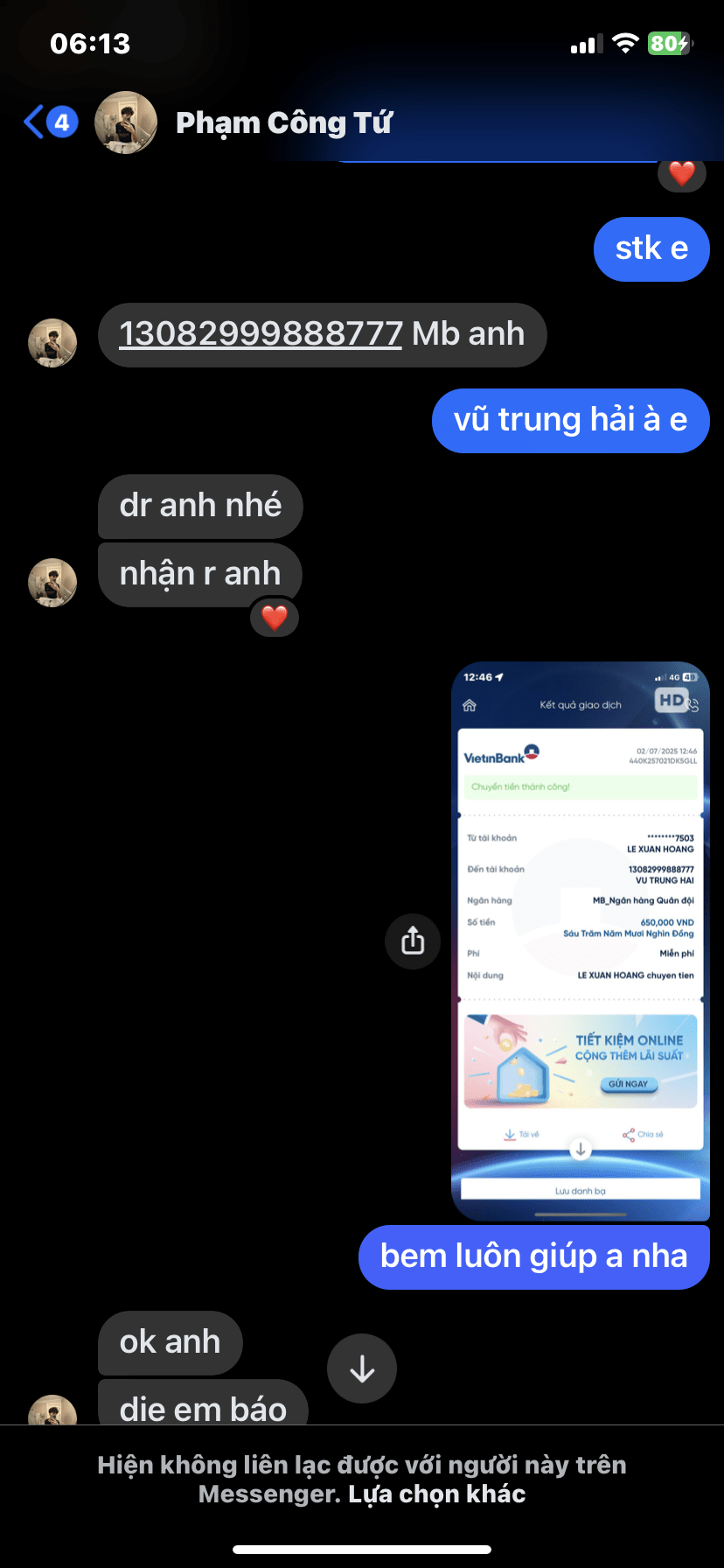 13082999888777 VU TRUNG HAI MB BANK bị cảnh báo lừa đảo scam