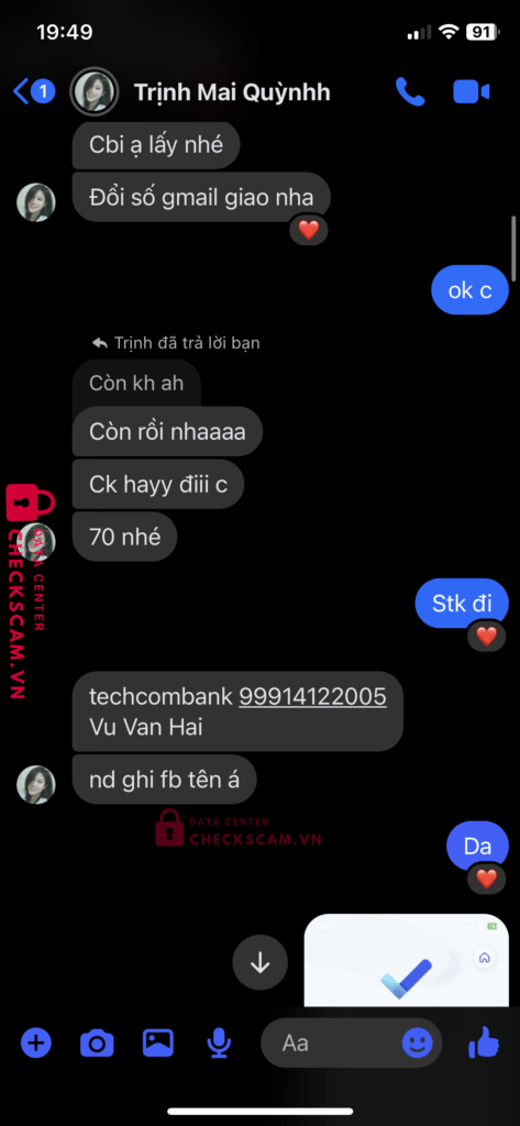 99914122005 VU VAN HAI Techcombank bị cảnh báo lừa đảo scam