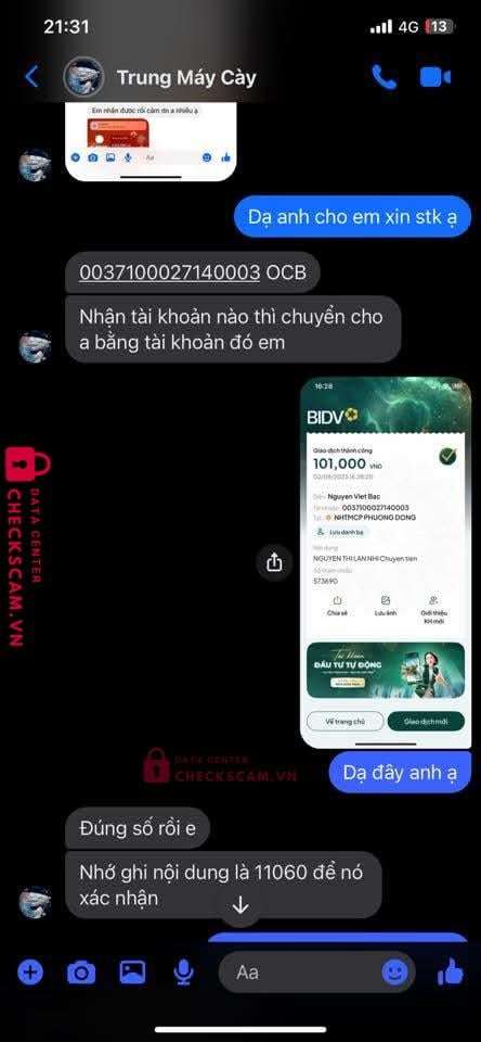0037100027140003 Nguyen Viet Bac OCB bị cảnh báo lừa đảo scam