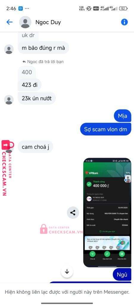 00402411112008 Vu Ngoc Duy MB bị cảnh báo lừa đảo scam