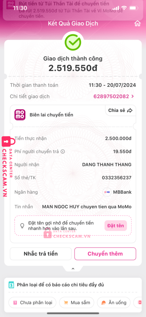 0332356237 Dang Thanh Thang MB bị cảnh báo lừa đảo scam