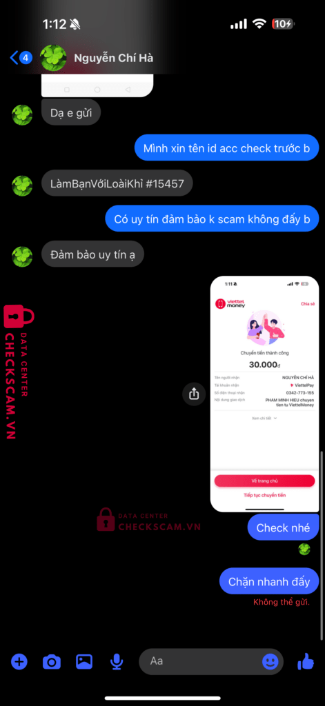 0342773155 Nguyen Chi Ha Viettel Pay bị cảnh báo lừa đảo scam