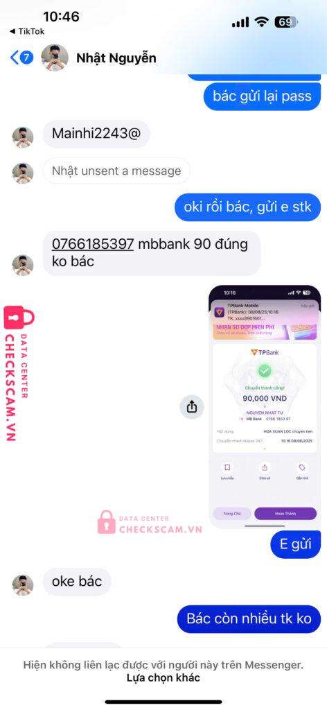 0766185397 Nguyen Nhat Tu MB bị cảnh báo lừa đảo scam