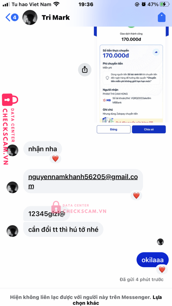 0799645858 Pham Thi Cam Hong MB bị cảnh báo lừa đảo scam