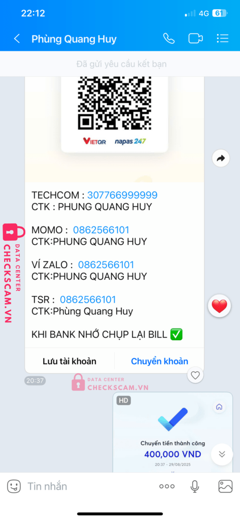 0862566101 Phung Quang Huy Momo bị cảnh báo lừa đảo scam