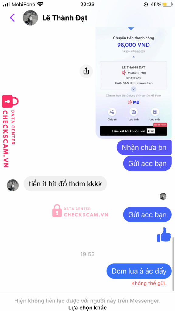 0914313659 Le Thanh Dat MB bị cảnh báo lừa đảo scam