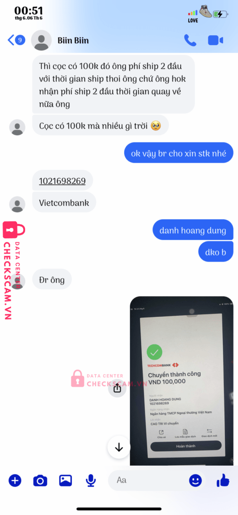1021698269 Danh Hoang Dung VCB bị cảnh báo lừa đảo scam