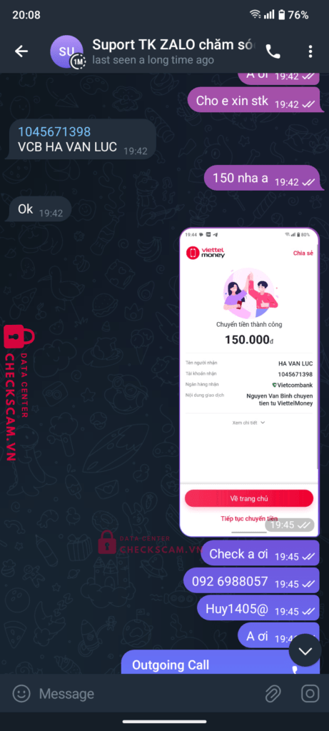 1045671398 Ha Van Luc VCB bị cảnh báo lừa đảo scam