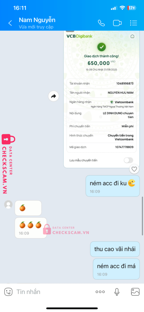 1048996873 Nguyen Huu Nam VCB bị cảnh báo lừa đảo scam