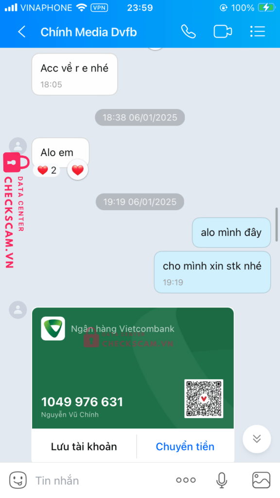 1049976631 Nguyen Vu Chinh VCB bị cảnh báo lừa đảo scam