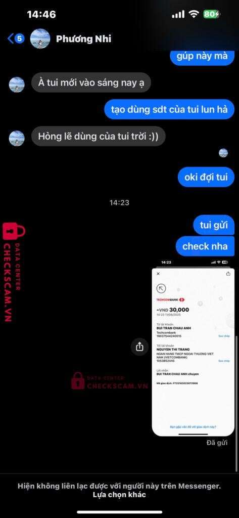 1053852445 Nguyen Thi Trang VCB bị cảnh báo lừa đảo scam