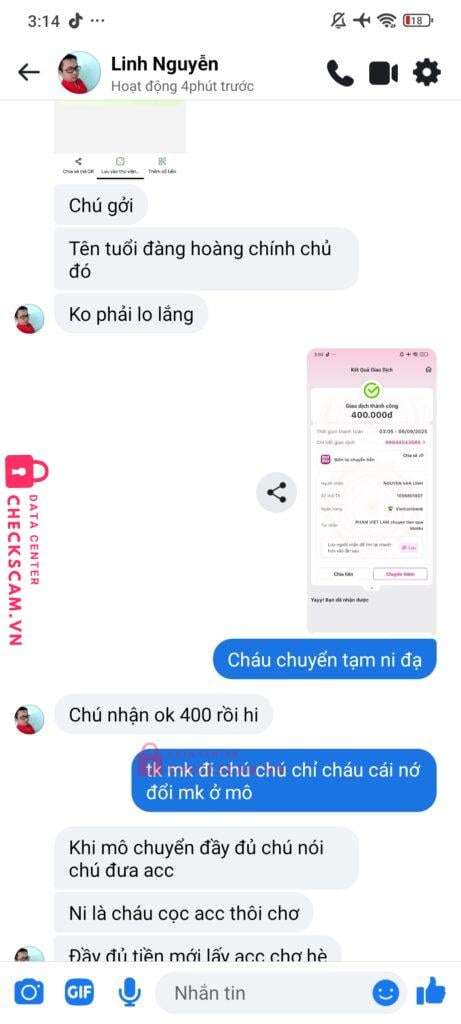 1056801807 Nguyen Van Linh VCB bị cảnh báo lừa đảo scam