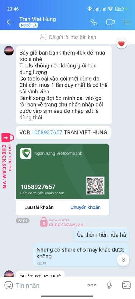 1058927657 Tran Viet Hung VCB bị cảnh báo lừa đảo scam