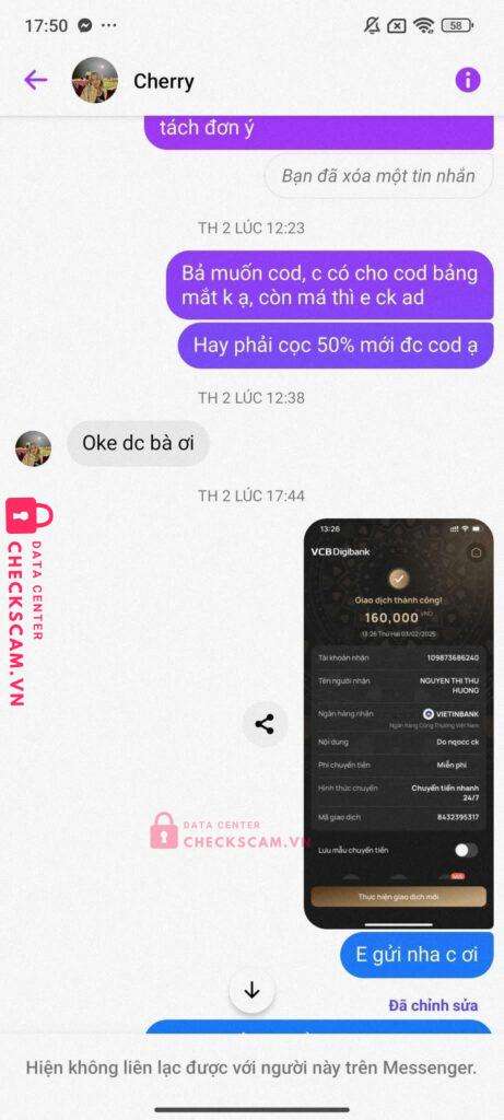 109873686240 Nguyen Thi Thu Huong Vietinbank bị cảnh báo lừa đảo scam