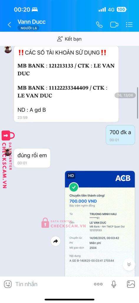 121213133 Le Van Duc MB bị cảnh báo lừa đảo scam