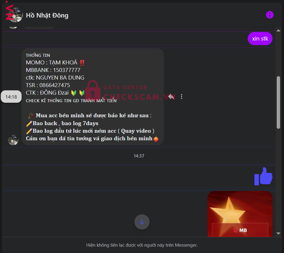 150377777 Nguyen Ba Dung MB bị cảnh báo lừa đảo scam