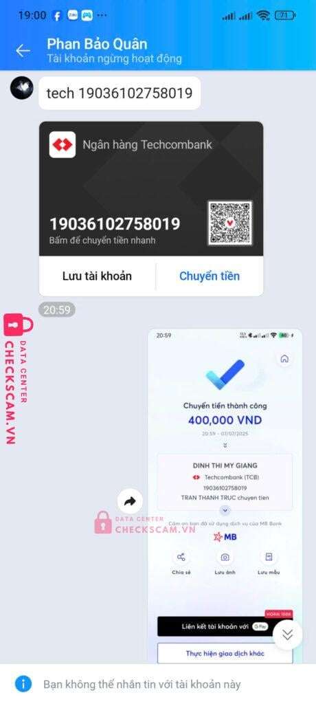 19036102758019 Dinh Thi My Giang Techcombank bị cảnh báo lừa đảo scam