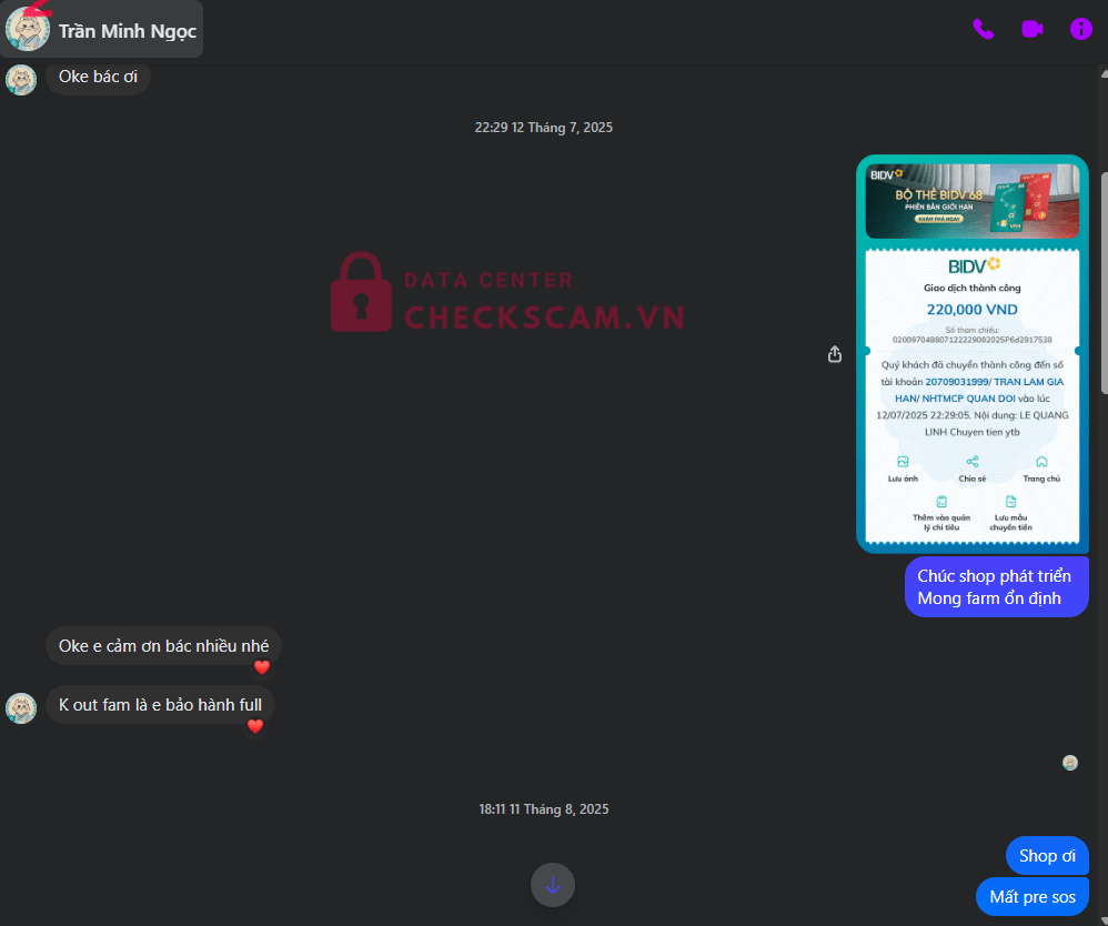 20709031999 Tran Lam Gia Han MB bị cảnh báo lừa đảo scam
