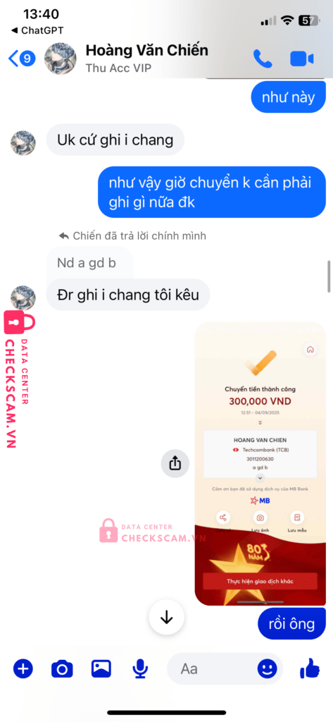 3011200630 Hoang Van Chien Techcombank bị cảnh báo lừa đảo scam