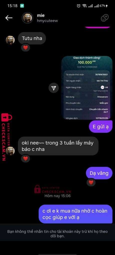 36789678921 Ma Thi Thu MB bị cảnh báo lừa đảo scam