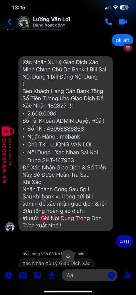 45958886868 Luong Van Loi MB bị cảnh báo lừa đảo scam