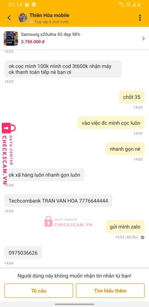 7776644444 Tran Van Hoa Techcombank bị cảnh báo lừa đảo scam