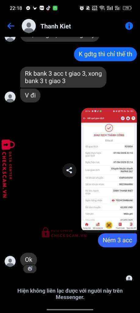 8822866886 Dinh Thanh Kiet Techcombank bị cảnh báo lừa đảo scam