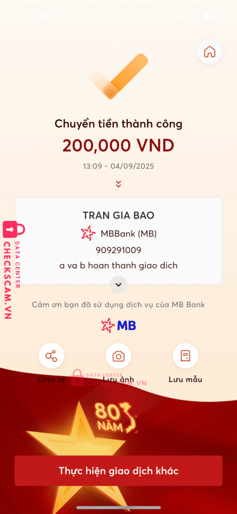 909291009 Tran Gia Bao MB bị cảnh báo lừa đảo scam