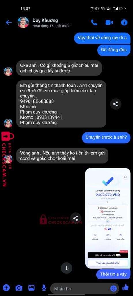 9490188688888 Pham Duy Khuong MB bị cảnh báo lừa đảo scam
