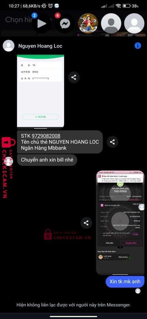 9729082008 Nguyen Hoang Loc MB bị cảnh báo lừa đảo scam
