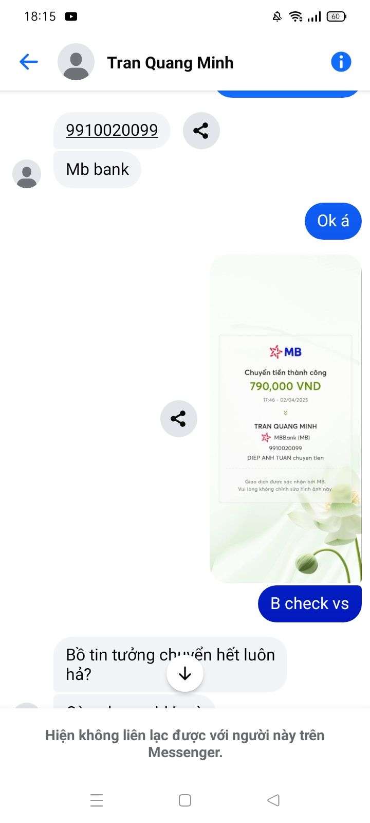 9910020099 Tran Quang Minh MB bị cảnh báo lừa đảo scam