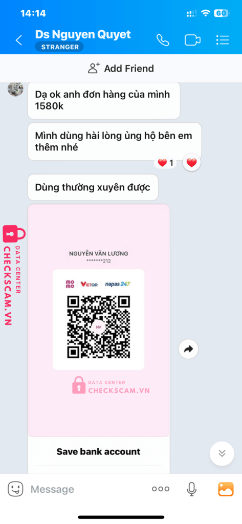 99MM25220M70750848 Nguyen Van Luong BV BANK bị cảnh báo lừa đảo scam